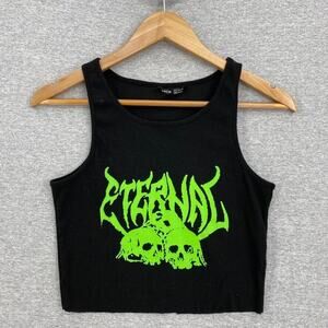 Shein Tank Top Womens Small Black Lime Green Eternal Skulls Cropped Sleeveless
